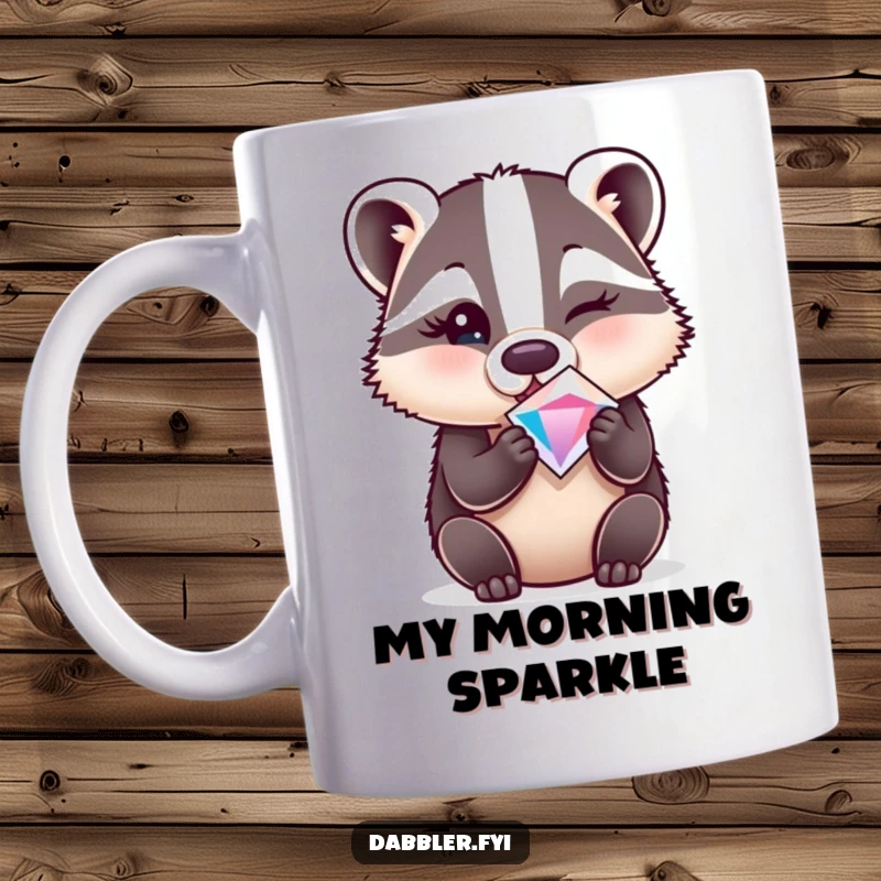 Funny mug featuring a surprised badger winking while holding a sparkly gem, conveying playful discovery.