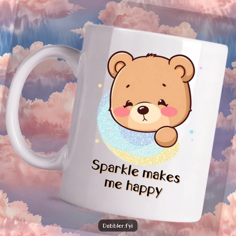 Funny Mug: Curious bear character mesmerized by a swirling, dazzling glitter pattern, showcasing a funny obsession.