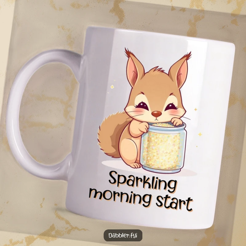 Funny squirrel glitter mug, curious squirrel peeking into tiny can of glitter with excitement, sparkling, humorous, perfect gift for art lovers.