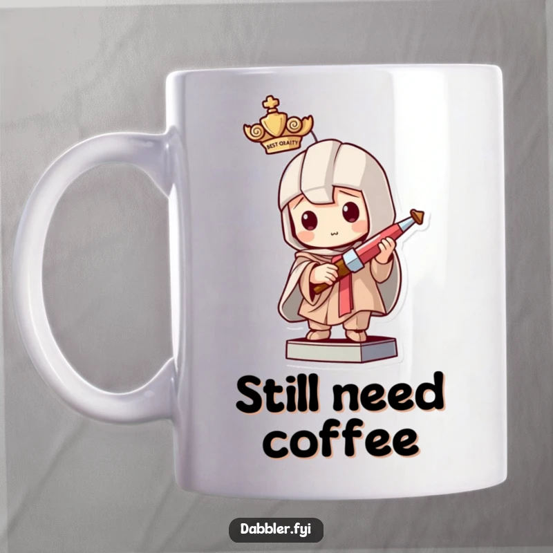 Funny mug depicting a mischievous character humorously pretending to be a statue while holding a tiny crafting tool, ready for a playful surprise.