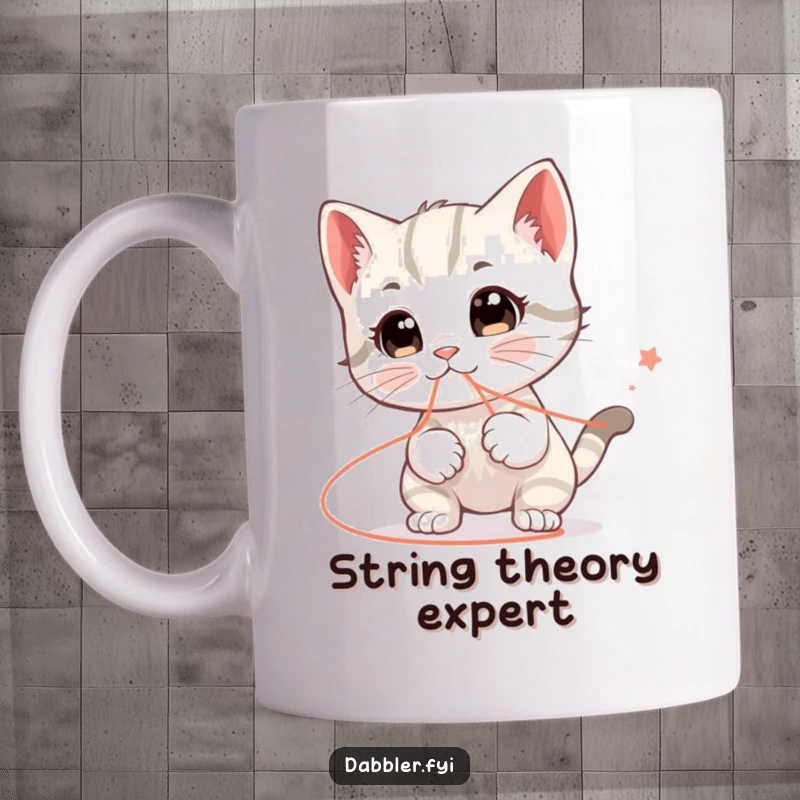 Funny mug featuring a happy kitten character with wide eyes, humorously chasing a string that seems to lead everywhere.