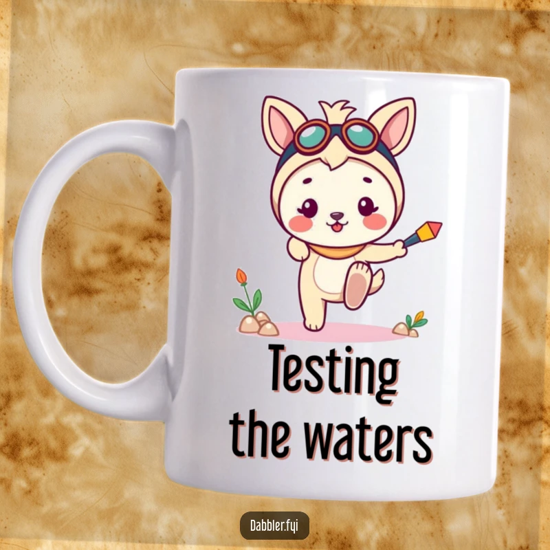 Funny mug featuring a cheerful animal character tentatively dipping a toe into a new, fun pursuit, embodying playful exploration.