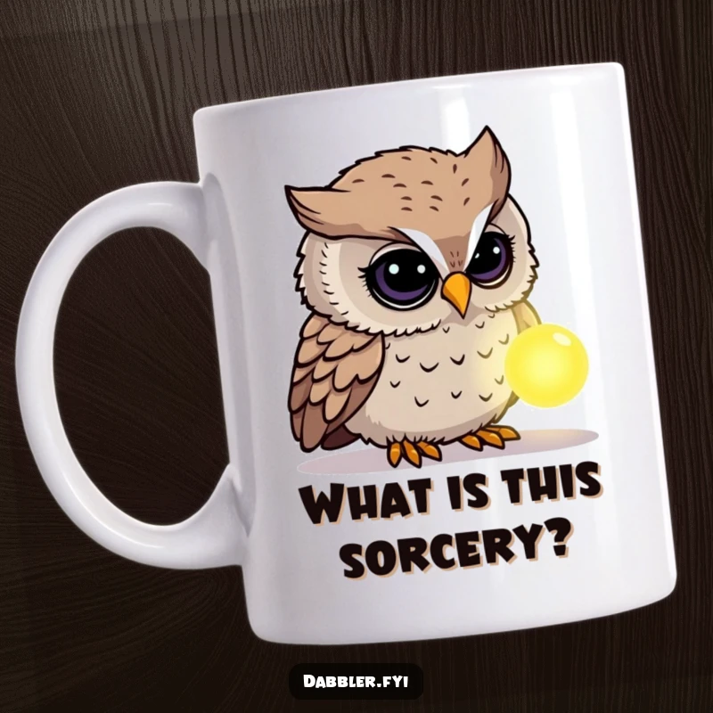Funny Owl Mug: A curious owl character intently examines a glowing, mysterious object, sparking wonder and thoughtful humor.