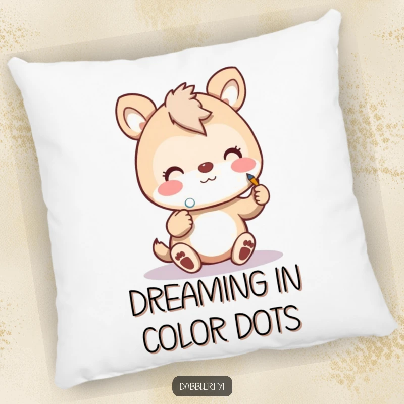 Funny art animal pillow featuring a cheerful animal painting a tiny polka dot, adding soft comfort and artistic humor.