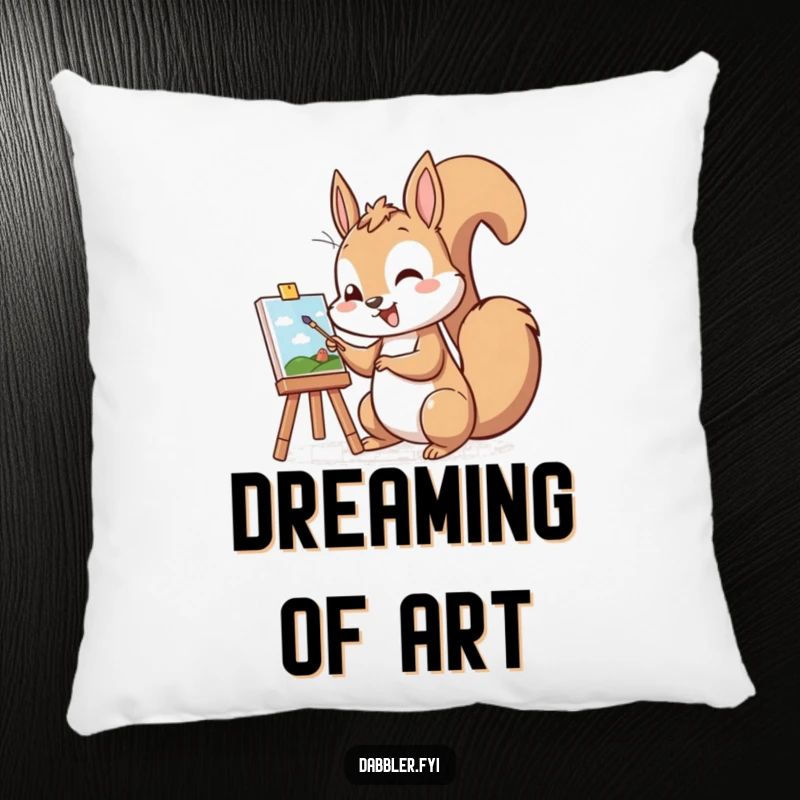 Funny pillow with a cheerful squirrel character excitedly painting a tiny picture, adding humorous comfort to any space.