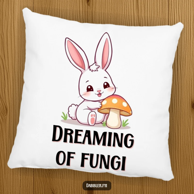 Funny happy bunny pillow, curiously poking a colorful mushroom with one ear up, bringing cozy comfort and woodland charm.