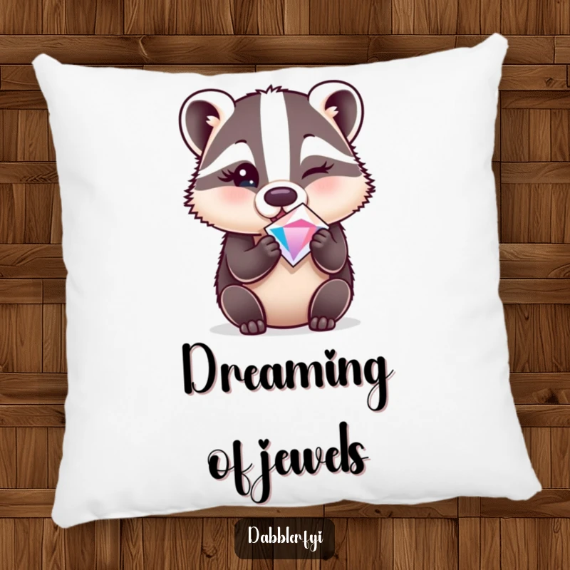 Funny pillow featuring a surprised badger winking while holding a sparkly gem, adding comfort and humor.