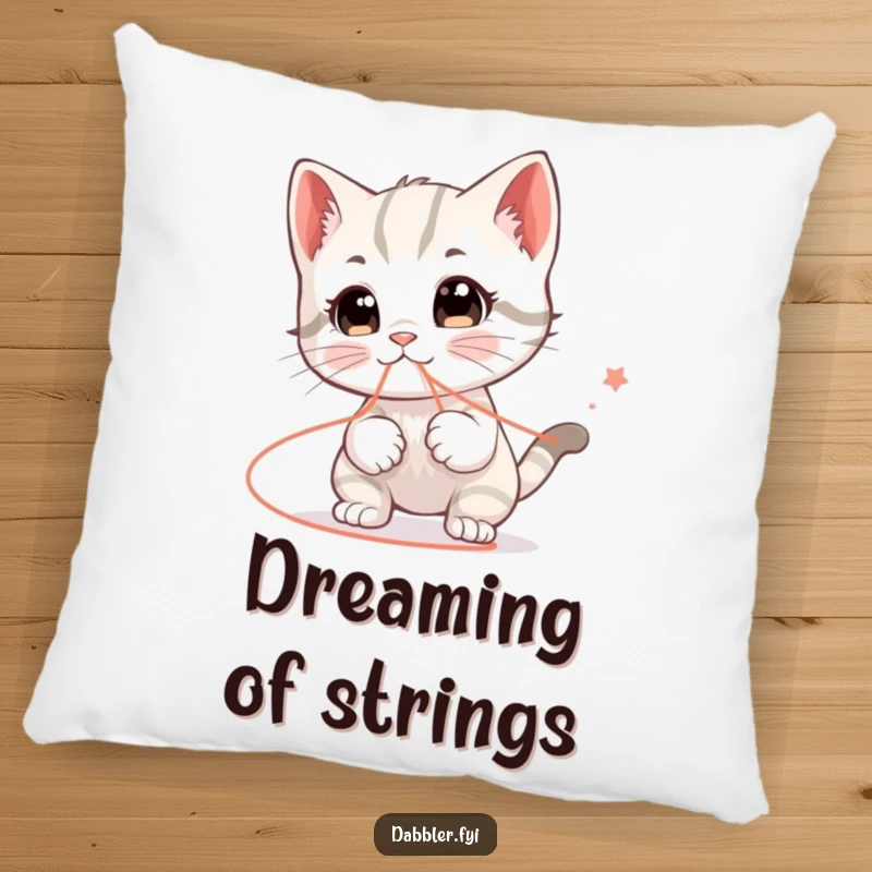Funny pillow featuring a happy kitten character humorously playing with a string that leads everywhere, providing a soft and funny decorative touch.