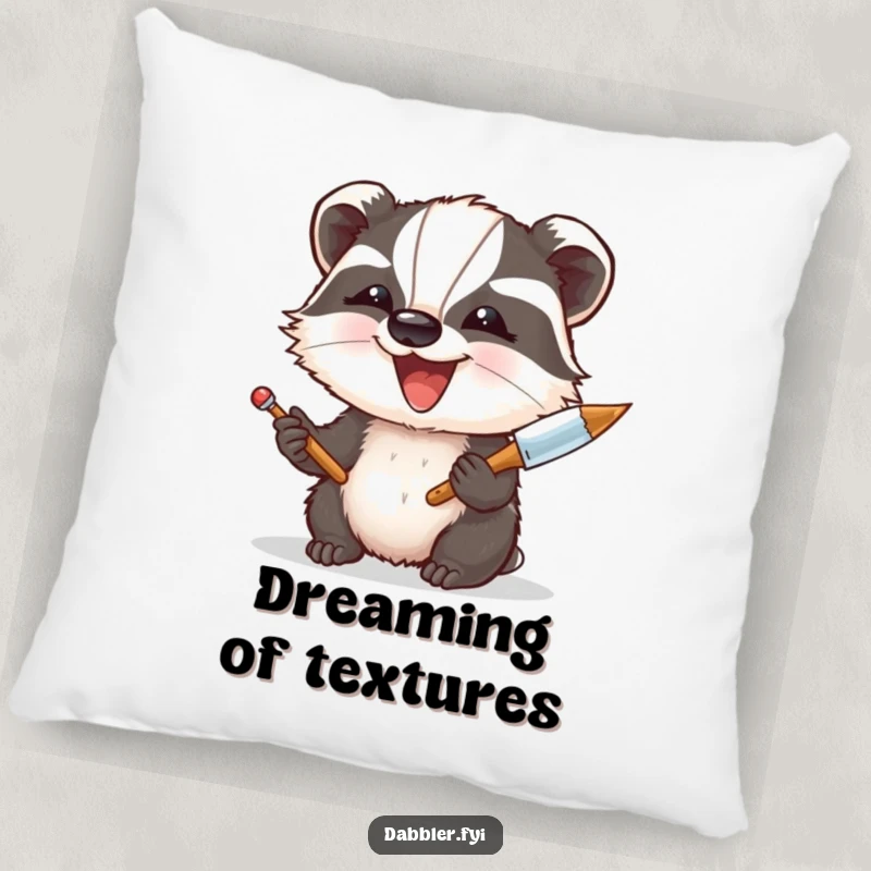 Funny Pillow: A delighted badger enthusiastically experiments with a palette knife, creating art with a happy, paint-splattered expression.