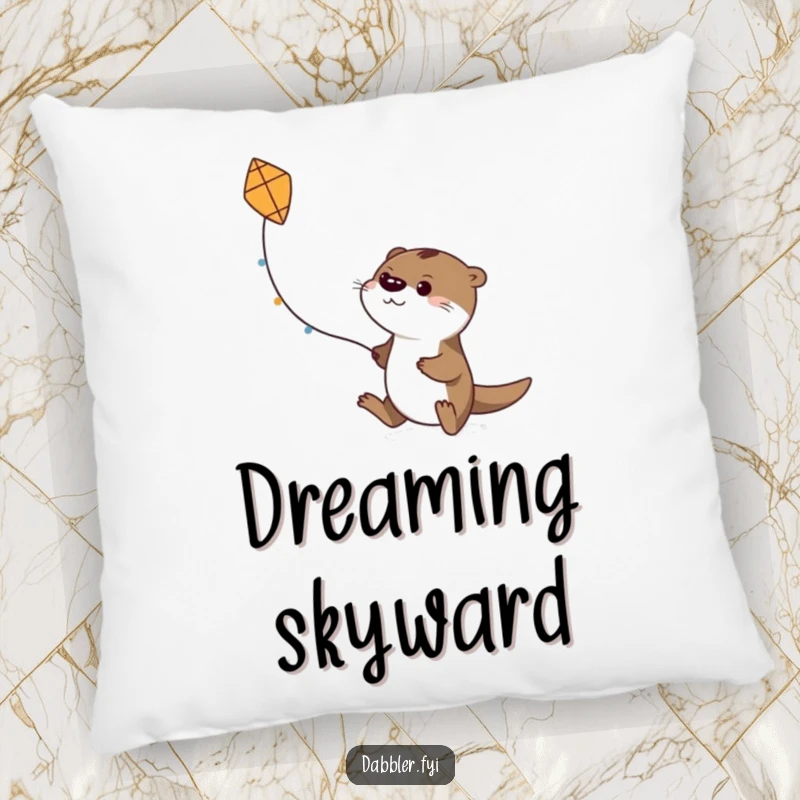Funny pillow with a determined otter character trying to fly a small, handmade kite, adding humorous comfort to any space.