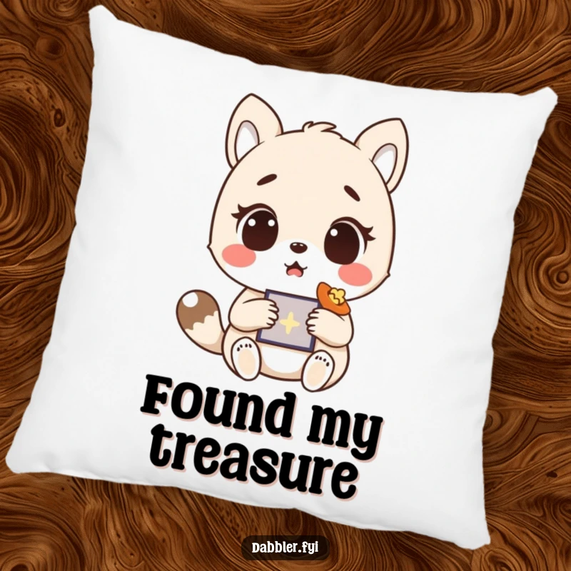 Funny Accent Pillow showcasing a surprised animal character's delighted reaction to an unexpected find, a soft and humorous decor item.