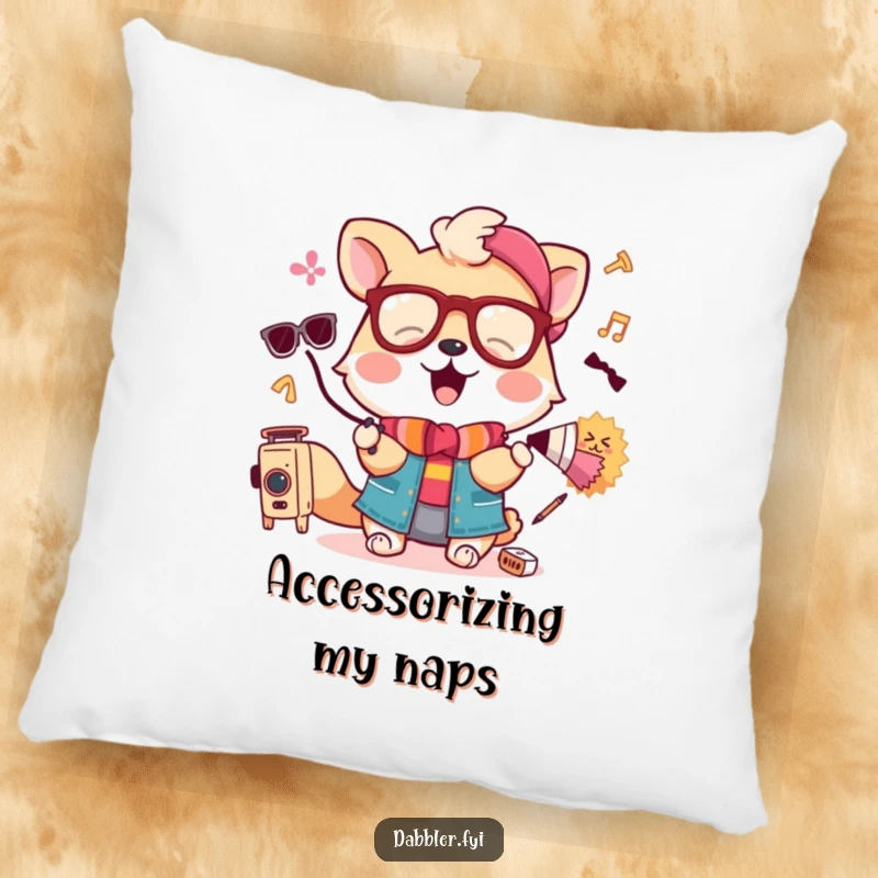 Funny pillow featuring a content animal playfully balancing a tiny teapot on its head and winking.