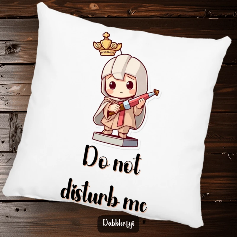 Funny plush pillow depicting a mischievous character pretending to be a statue while holding a tiny crafting tool, adding playful comfort and humor.