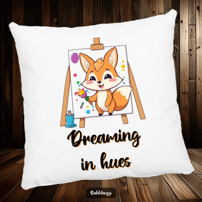 Funny Fox Pillow: Soft cushion featuring a happy fox character splashing colorful paint onto a blank canvas.