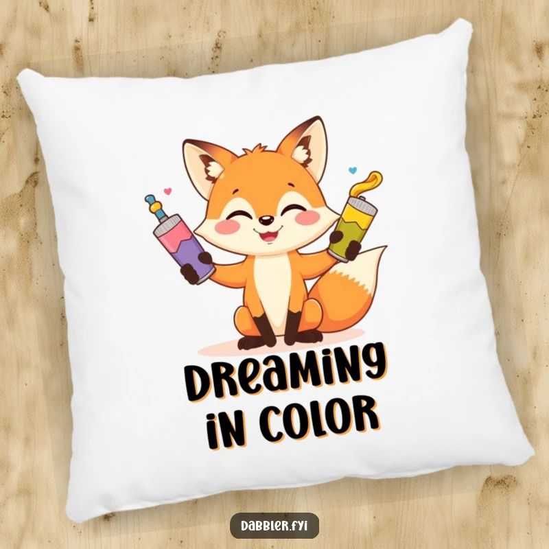 Funny fox pillow, playful artist fox juggling paint tubes, cozy home decor, comfortable and humorous gift for art enthusiasts.