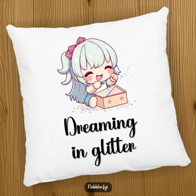 Funny glitter sprinkler pillow featuring a happy character sprinkling glitter, adding soft comfort and humorous sparkle.