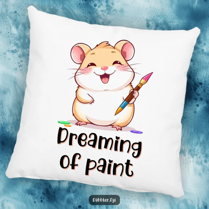 Funny hamster pillow showing a giggling hamster gleefully trying a new paintbrush, a soft funny gift.