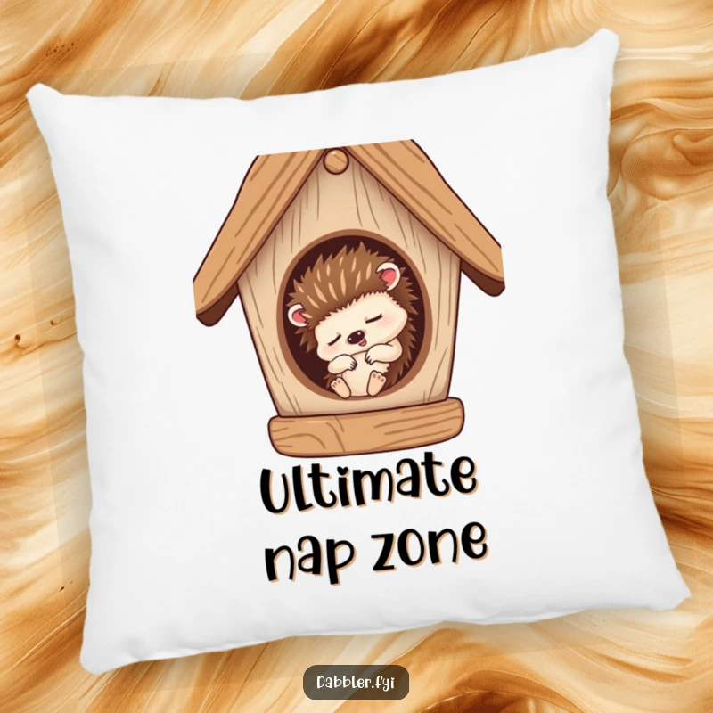 Funny Pillow: A sleepy hedgehog character snoozing in a half-finished birdhouse, a cozy and humorous accent.