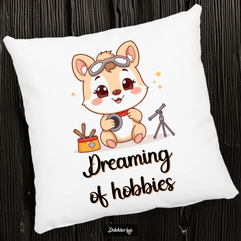 Funny pillow featuring a smiling animal character trying a new hobby with wide-eyed enthusiasm, offering humorous comfort and learning vibes.