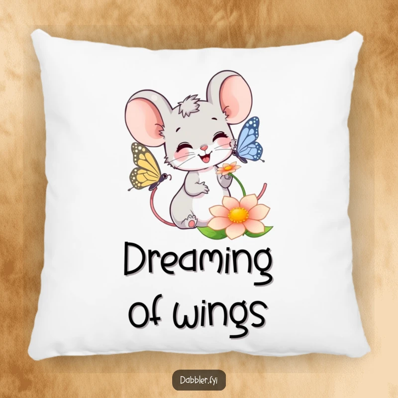 Funny Mouse Pillow: Smiling mouse observing a butterfly, offering plush comfort and gentle, humorous charm.