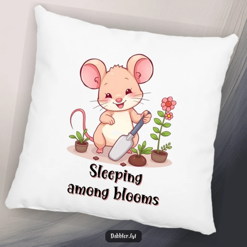 Funny Pillow: A happy mouse character arranging miniature plants with a trowel, a cozy gardening accent.