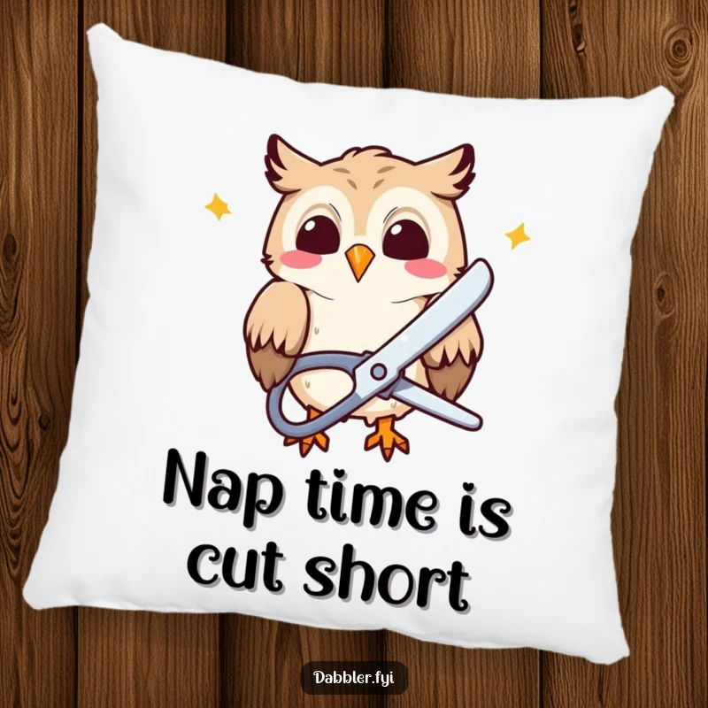 Funny Pillow: A giggling owl character cuts colorful paper with large scissors, bringing humorous comfort to any space.
