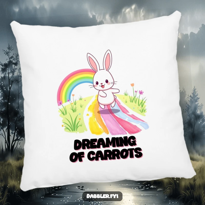 Funny Pillow: A happy rabbit hops gleefully on a bright, freshly painted rainbow path, radiating positivity and artistic cheer.