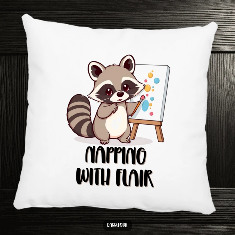 Funny Pillow: A mischievous raccoon playfully dabs paint onto a canvas with its tail, bringing artistic joy and comfort.