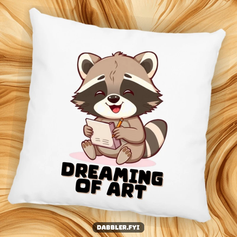 Funny Raccoon Pillow: A gleeful raccoon character sketches in a notebook, offering soft comfort and artistic, humorous inspiration.
