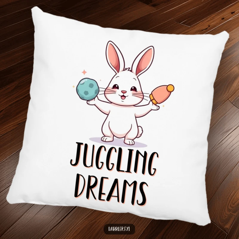 Funny pillow with a rabbit juggling colorful objects, offering comfort and a vibrant, humorous display as a funny gift.