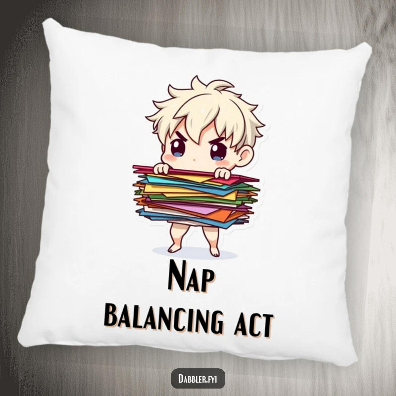 Funny paper balancer pillow featuring a determined character balancing colorful paper scraps, adding soft comfort and humorous order.