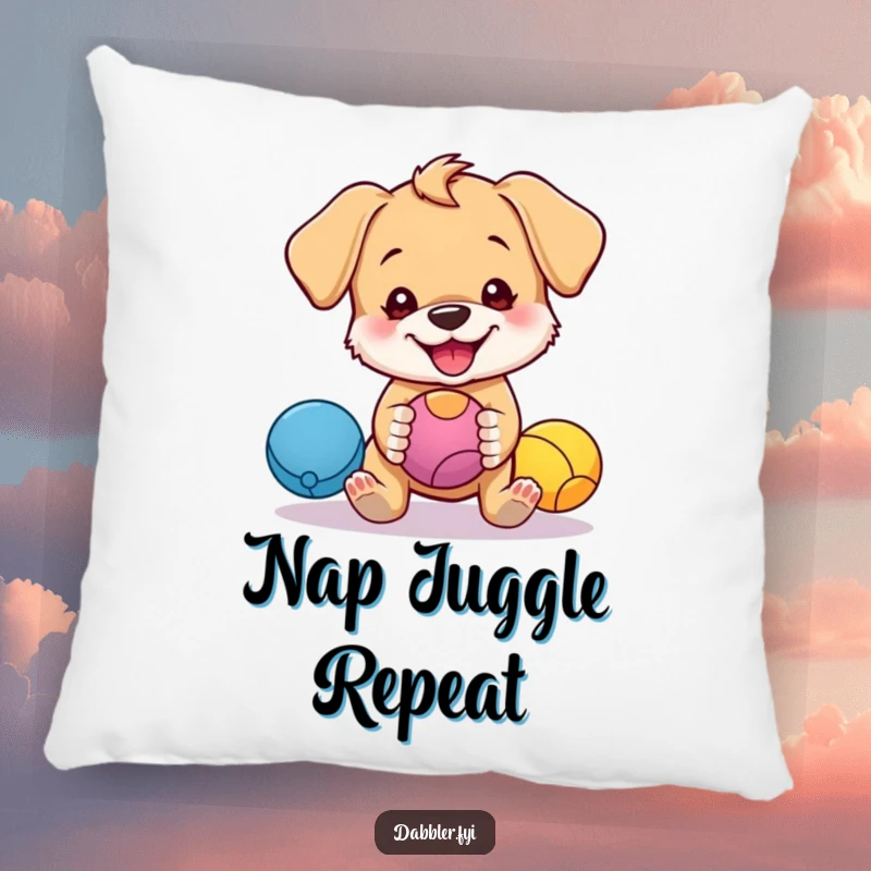 Funny pillow featuring a cute puppy character humorously juggling bright balls, providing a soft and funny decorative touch.