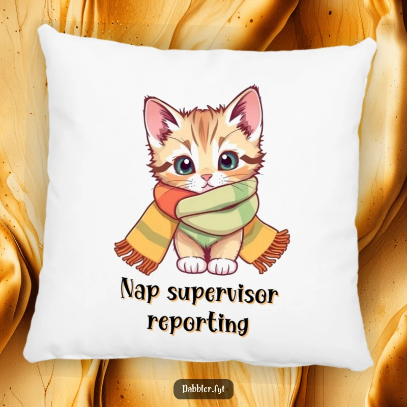 Funny pillow with a cute kitten peeking from a colorful scarf, offering comfort and humor as a funny gift.