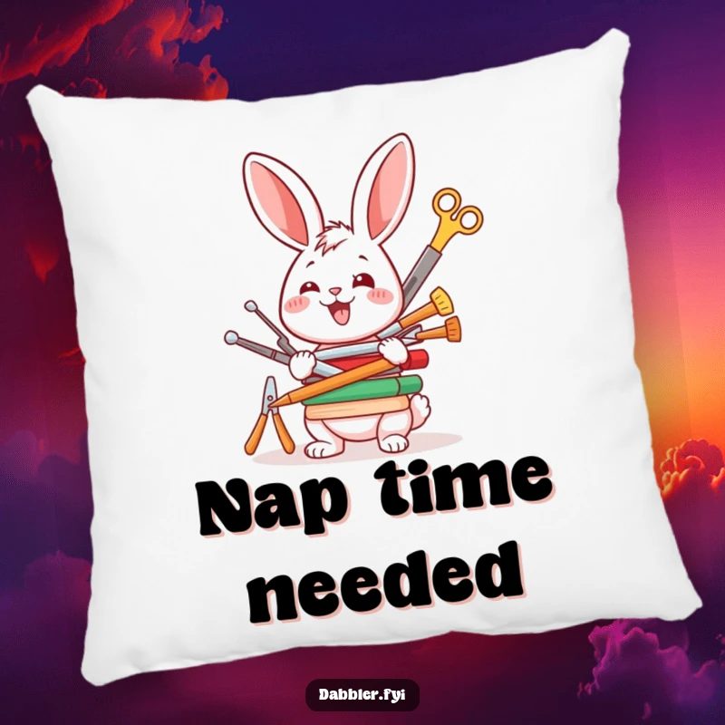Funny pillow with a cute, happy rabbit character balancing a stack of crafting tools, adding a touch of humor to relaxation.
