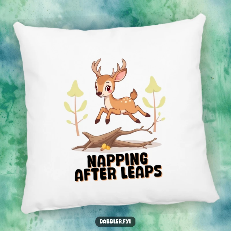 Funny perky deer pillow, featuring a playful leap over a twig, offering comfort and whimsical room decor.