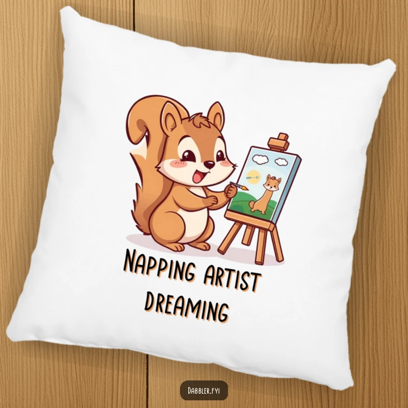 Funny Squirrel Pillow: A cheerful squirrel excitedly paints a tiny picture, offering comfort and a touch of artistic humor.
