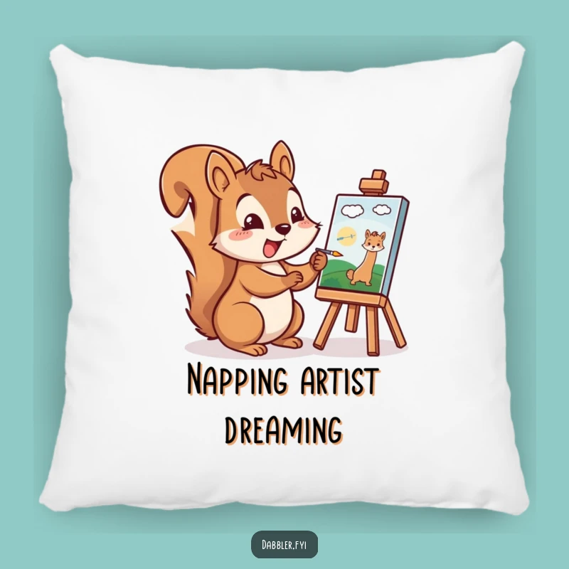 Funny Squirrel Artist Pillow: Cheerful Character Painting a Tiny Picture Excitedly