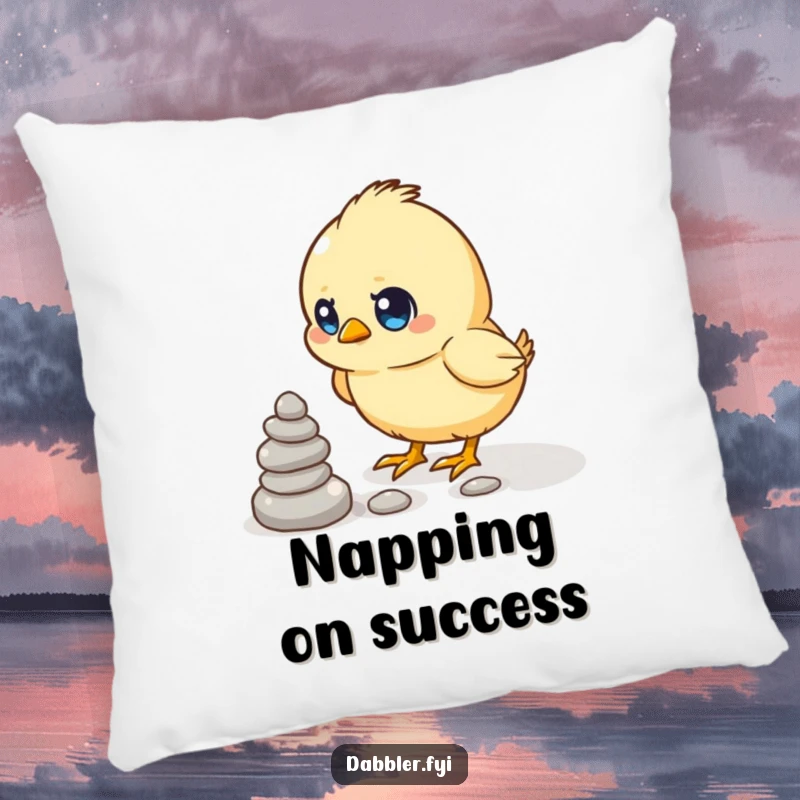 Funny pillow featuring a determined chick focused on stacking small pebbles, providing comfort and humorous motivation.