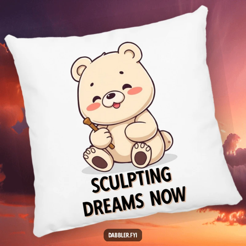 Funny Bear Pillow: Content bear enthusiastically sculpting a small figure, offering plush comfort and humorous artistic charm.