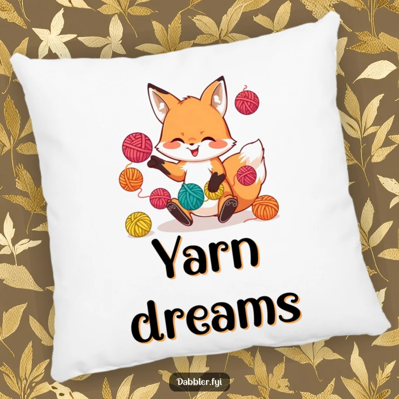 Funny pillow with a playful fox character juggling yarn balls, offering comfort and a touch of crafty fun.