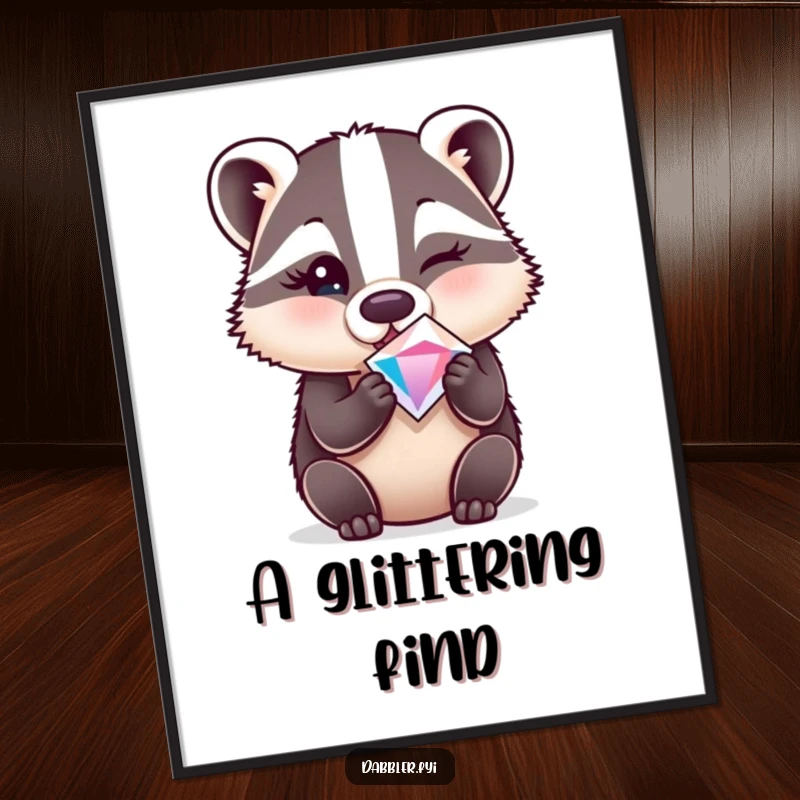 Funny digital art print of a surprised badger winking while holding a sparkly gem, ready for instant download.