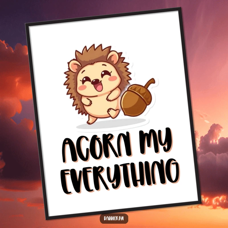 Funny digital art print of a delighted hedgehog character playfully chasing a rolling acorn, ready for instant download and display.