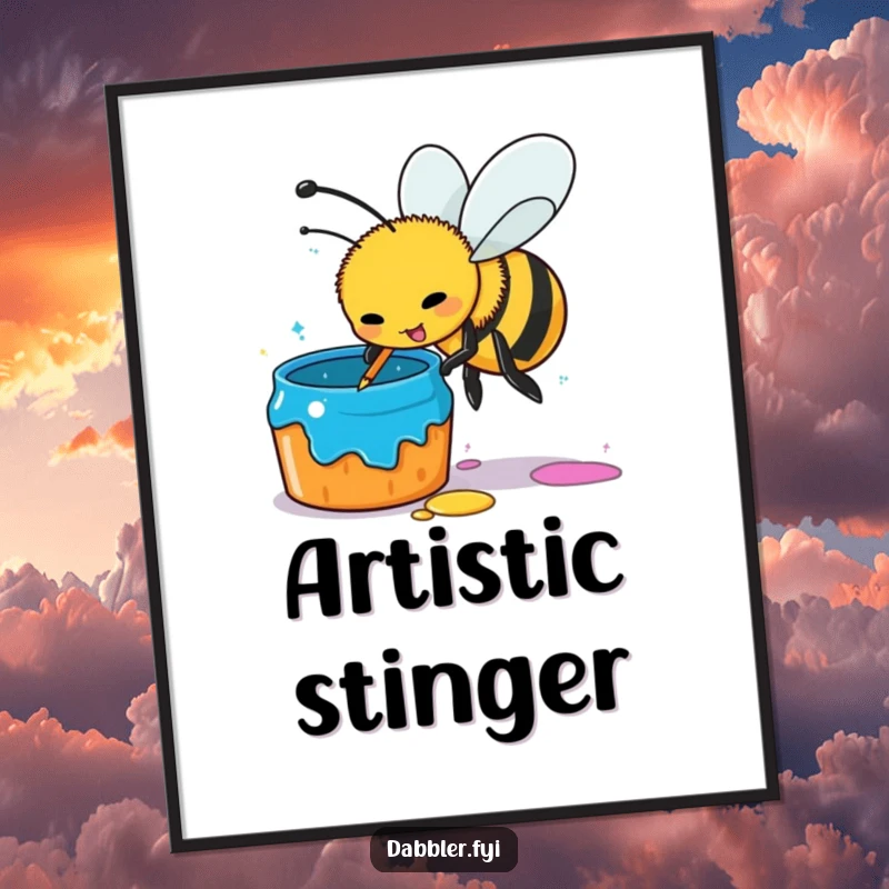 Funny busy bee digital art print, artist bee dipping stinger in paint pot, instant wall decor, humorous and creative art.