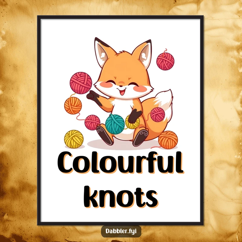 Funny digital art print of a playful fox character juggling colorful yarn balls with a grin, offering instant creative decor.