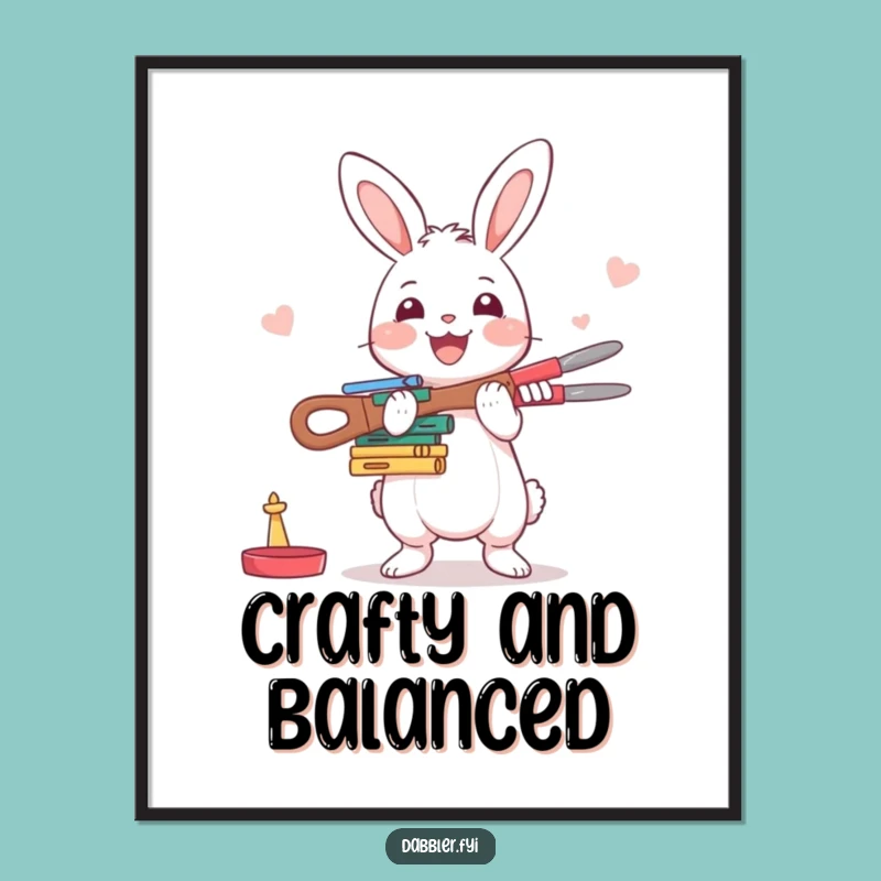 Funny Rabbit Crafter Digital Print: Happy Character Balancing Crafting Tools with Enthusiasm