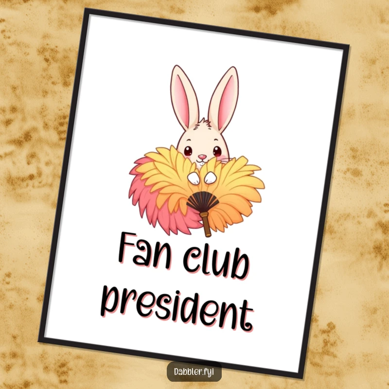 Funny Digital Art Print of a mischievous rabbit peeking playfully from behind a large, colorful feather fan, perfect for instant whimsical decor.