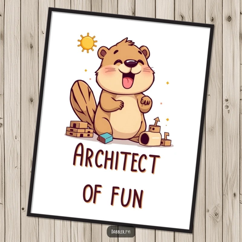 Funny beaver builder digital art print showing an enthusiastic beaver exploring construction methods, perfect for instant humorous wall decor and digital use.
