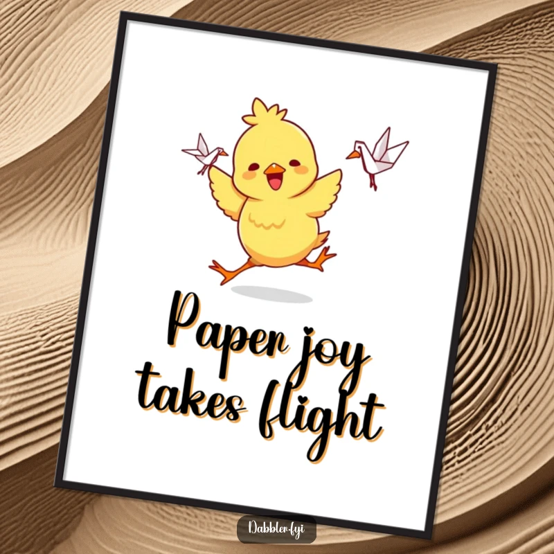Funny Digital Art: A playful chick character dances joyfully, holding a small, intricate origami crane, cheerful and downloadable art.