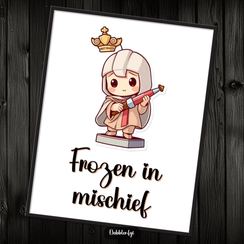 Funny digital art print of a mischievous character pretending to be a statue holding a tiny crafting tool, ideal for playful wall decor.