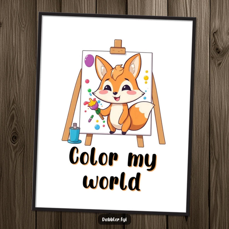 Funny Fox Digital Art Print: Happy fox character splashes colorful paint onto a blank canvas, artistic.